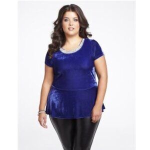 NEW MKM Velvet Embellished Peplum Top Size 1X Royal Blue